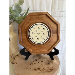 Goodwood Teak Wood Serving Board Platter w/ Red Floral Hot Plate Center Vintage